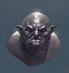 Rule 34 | 1boy, absurdres, bald, brown eyes, cropped shoulders, gradient background, highres, kalmahul, looking at viewer, male focus, orc, original, parted lips, pointy ears, realistic, shiny skin, solo, teeth