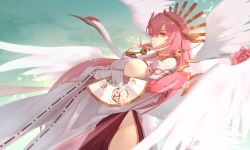 Rule 34 | alchemy stars, bird, breasts, crane (animal), fan, gloves, hair ornament, highres, hip vent, japanese clothes, long hair, miko, pink hair, red hair, rinne (alchemy stars), white gloves, wings