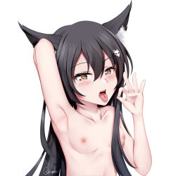 Rule 34 | 1girl, animal ear fluff, animal ears, arm up, armpits, black hair, blush, breasts, brown eyes, chrisandita, collarbone, fox ears, fox hair ornament, hair between eyes, hair ornament, hairclip, long hair, nipples, nude, open mouth, original, signature, simple background, small breasts, solo, teeth, tongue, tongue out, upper body, upper teeth only, white background