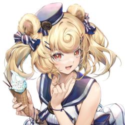 Rule 34 | 1girl, :d, animal ears, arknights, bare shoulders, bear ears, bear girl, blonde hair, blue hat, blue sailor collar, candy hair ornament, douya (233), dress, fingernails, food, food-themed hair ornament, gummy (arknights), hair ornament, hairpin, hat, holding, holding food, ice cream, ice cream cone, index finger raised, looking at viewer, medium hair, open mouth, red eyes, sailor collar, sailor hat, sleeveless, sleeveless dress, smile, solo, white background, white dress