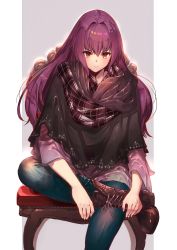 Rule 34 | 1girl, absurdres, blue pants, blush, boots, border, breasts, brown footwear, chair, closed mouth, contemporary, crossed legs, denim, fate/grand order, fate (series), grey background, hair between eyes, highres, jeans, large breasts, long hair, long sleeves, looking at viewer, nakanishi tatsuya, pants, purple hair, purple scarf, purple shirt, red eyes, scarf, scathach (fate), shirt, sitting, smile, white border