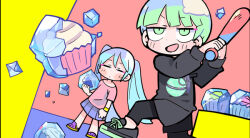 Rule 34 | 1boy, 1girl, bare shoulders, baseball bat, black footwear, black hoodie, black pants, black sleeves, blue hair, blunt bangs, blush stickers, character request, clenched hand, closed eyes, closed mouth, commentary request, copyright request, crocs, cupcake, dutch angle, expressionless, feet out of frame, food, frozen, full body, green eyes, green hair, holding, holding baseball bat, holding food, hood, hoodie, ice, ice shard, long hair, long sleeves, miniskirt, open mouth, pants, pink background, pink shirt, pink sleeves, planet, purple footwear, purple skirt, shirt, shoes, short hair, short sleeves, skirt, smile, sneakers, swinging, t-shirt, table, terada tera, twintails, very long hair, yellow wristband