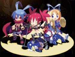 Rule 34 | 1boy, 2girls, angel, blonde hair, blue eyes, blue hair, bow, cape, cymbals, demon, demon girl, disgaea, earrings, elbow gloves, etna (disgaea), flonne, gloves, guitar, harada takehito, instrument, jewelry, laharl, microphone, multiple girls, music, nippon ichi, official art, prinny, red eyes, red hair, red shorts, shorts, singing, skull, spotlight, tail, thighhighs, wings