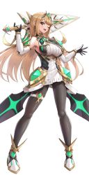 Rule 34 | 1girl, aegis sword (xenoblade), black pantyhose, blonde hair, breasts, chest jewel, dress, gonzarez, large breasts, long hair, mythra (massive melee) (xenoblade), mythra (xenoblade), pantyhose, short dress, solo, swept bangs, sword, thigh strap, very long hair, weapon, white dress, white footwear, xenoblade chronicles (series), xenoblade chronicles 2, yellow eyes