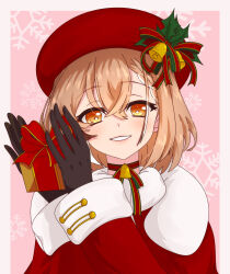 Rule 34 | 1girl, absurdres, bell, black gloves, border, brown hair, choker, commentary, crossed bangs, gift, gloves, grin, hair between eyes, highres, holding, holding gift, hololive, hololive english, jacket, jingle bell, long sleeves, looking at viewer, medium hair, nanashi mumei, neck bell, pink background, red choker, red headwear, red jacket, sayo0692, smile, snowflake background, solo, upper body, virtual youtuber, white border