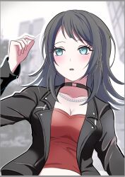 Rule 34 | 1girl, absurdres, bang dream!, bang dream! it&#039;s mygo!!!!!, black choker, black hair, black jacket, blush, border, breasts, chain, chain necklace, choker, cleavage, commentary request, crop top, cropped shirt, drop shadow, grey border, hair between eyes, highres, jacket, jewelry, long hair, long sleeves, medium breasts, necklace, open mouth, red shirt, sandman (gm4zfijcwbz3g4y), shirt, sidelocks, solo, teeth, upper teeth only, yahata umiri