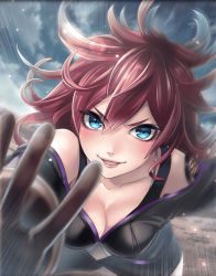 Rule 34 | 1girl, artist request, aymur (phantom of the kill), blue eyes, blush, breasts, cleavage, gloves, hair between eyes, looking at viewer, medium breasts, official art, open mouth, phantom of the kill, red hair, smile