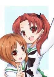 Rule 34 | 10s, 2girls, absurdres, arm around shoulder, black neckerchief, black ribbon, blouse, brown eyes, brown hair, commentary request, girls und panzer, hair ribbon, highres, kadotani anzu, long hair, long sleeves, looking at viewer, multiple girls, neckerchief, nishizumi miho, ooarai school uniform, open mouth, parted bangs, portrait, reaching, reaching towards viewer, ribbon, school uniform, selfie, serafuku, shirt, short hair, smile, standing, toon (noin), twintails, v, white shirt