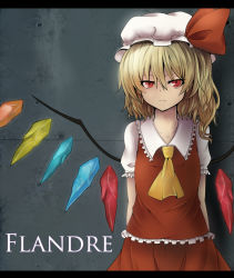 Rule 34 | 1girl, against wall, arms behind back, ascot, bad id, bad pixiv id, blonde hair, character name, expressionless, flandre scarlet, hat, hat ribbon, hoge (camyu), letterboxed, looking at viewer, mob cap, red eyes, ribbon, short hair, short sleeves, side ponytail, skirt, skirt set, solo, touhou, wings