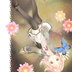 Rule 34 | 1girl, arm up, black thighhighs, bug, butterfly, female focus, flower, gradient background, hair ornament, halftone, halftone background, houkago no pleiades, insect, jacket, lying, mary janes, open mouth, outstretched arm, pink hair, plant, school uniform, shoes, short hair, silverms2, solo, star (symbol), subaru (houkago no pleiades), thighhighs, yellow eyes