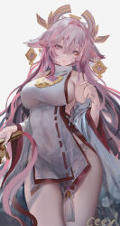 Rule 34 | 1girl, animal ears, artist name, breasts, ceey, cleavage, closed mouth, covered navel, cowboy shot, detached sleeves, earrings, floppy ears, floral print, flower knot, fox ears, genshin impact, hair between eyes, hair ornament, hand up, highres, holding, jewelry, large breasts, legs together, long hair, looking at viewer, no pants, nontraditional miko, panties, pink hair, pink nails, purple eyes, red sash, revision, ribbon trim, sash, shirt, side slit, sideboob, sidelocks, simple background, sleeveless, sleeveless shirt, smile, solo, tassel, taut clothes, taut shirt, thighs, turtleneck, underwear, very long hair, white background, white shirt, white sleeves, wide sleeves, yae miko