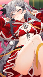 Rule 34 | 1girl, absurdres, alternate costume, aotake iro, bare legs, bikini, blush, breasts, capelet, cleavage, closed mouth, commentary, cone hair bun, detached sleeves, grey eyes, grey hair, hair bun, hair ornament, highres, hololive, hololive indonesia, knee up, layered skirt, lock, long hair, looking at viewer, lying, medium breasts, midriff, nose blush, on back, parted bangs, red bikini, red capelet, red skirt, santa bikini, skirt, smile, solo, swimsuit, thighs, vestia zeta, virtual youtuber