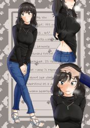 Rule 34 | 1girl, animal print, bad id, bad pixiv id, black hair, blue eyes, blush, bracelet, breasts, breath, cat print, clothes lift, commentary request, denim, drop earrings, earrings, english text, hair lift, highres, jeans, jewelry, kjm3111, korean commentary, long hair, looking down, looking to the side, mole, mole on back, mole on neck, mole under eye, mole under mouth, multiple views, necklace, original, pants, paw print, profile, ring, sandals, shirt lift, sweater, tsurime, turtleneck, turtleneck sweater
