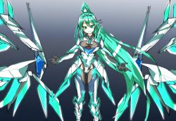 Rule 34 | 1girl, absurdres, armor, artist request, breasts, elbow gloves, gloves, green eyes, green hair, hair ornament, headpiece, highres, long hair, looking at viewer, mechanical wings, medium breasts, nintendo, pneuma (xenoblade), ponytail, smile, solo, spoilers, thighhighs, tiara, very long hair, wings, xenoblade chronicles (series), xenoblade chronicles 2