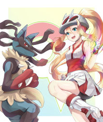 Rule 34 | 1girl, 1other, :d, absurdres, ass, bad id, bad pixiv id, bare shoulders, bicycle helmet, bike shorts, blonde hair, blue eyes, blush, breasts, clenched hands, collarbone, commentary, cowboy shot, creatures (company), fingerless gloves, game freak, gen 4 pokemon, gloves, gym leader, hair between eyes, hair intakes, hair through headwear, helmet, highres, kerno, korrina (pokemon), long hair, looking at viewer, lucario, medium breasts, mega lucario, mega pokemon, mega stone, multicolored background, nintendo, open mouth, pokemon, pokemon (creature), pokemon xy, ponytail, red eyes, roller skates, shirt, shorts, shorts under skirt, skates, skirt, sleeveless, sleeveless shirt, smile, spikes, standing, standing on one leg, teeth, upper teeth only, very long hair, white footwear, white gloves, white headwear, white shirt, white skirt