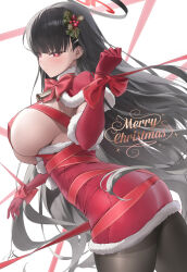 Rule 34 | 1girl, absurdres, ass, bell, black hair, black pantyhose, blue archive, blush, breasts, bright pupils, closed mouth, commentary, elbow gloves, english commentary, english text, from side, gloves, hair ornament, halo, hand up, highres, large breasts, merry christmas, pantyhose, red eyes, red gloves, red ribbon, ribbon, rio (blue archive), santa costume, smile, solo, white background, white pupils, yabacha