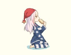 Rule 34 | 1girl, alternate costume, blue pajamas, bread, bread slice, food, hat, kantai collection, long hair, massachusetts (kancolle), multicolored hair, negative space, nightcap, pajamas, red eyes, red hair, saiguchi otoufu, seiza, simple background, sitting, solo, streaked hair, toast, upper body, white background, white hair