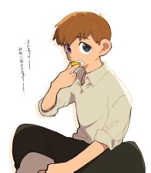 Rule 34 | 1boy, biting, black eyes, black pants, brown hair, chilchuck tims, coin, collared shirt, dungeon meshi, feet out of frame, highres, looking at viewer, male focus, pants, sansai 100, shirt, short hair, simple background, sitting, sleeves rolled up, solo, translation request, white background, white shirt