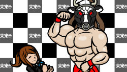 Rule 34 | 1boy, 1girl, asahina aoi, biceps, clenched hands, closed eyes, cow mask, danganronpa (series), danganronpa 3 (anime), flexing, great gozu, hir (crimson-396), interview, mask, microphone, minna no rhythm tengoku, muscular, nose piercing, nose ring, parody, piercing, ponytail, rhythm tengoku, smile, step and repeat, style parody, topless male, wrestler, wrestling mask, wristband