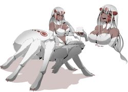 Rule 34 | 1girl, absurdres, alcohol, arachne, arthropod girl, breasts, carapace, cleavage, cup, dark-skinned female, dark skin, full body, highres, holding, holding cup, insect girl, juniper (artist), large breasts, long hair, monster girl, multiple views, original, red eyes, revision, sharp teeth, simple background, smile, spider girl, taur, teeth, white background, white fur, white hair, wine