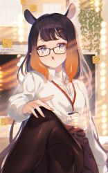 Rule 34 | 1girl, 2nii, :o, black-framed eyewear, black pantyhose, black skirt, blue eyes, blunt bangs, breasts, collared shirt, crossed legs, fang, formal, glasses, hololive, hololive english, id card, indoors, lanyard, long hair, long sleeves, looking at viewer, mole, mole under eye, multicolored hair, ninomae ina&#039;nis, office lady, open mouth, pantyhose, pointy ears, purple hair, shirt, sitting, skirt, solo, tentacle hair, tentacles, virtual youtuber, white shirt