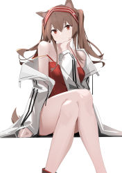 Rule 34 | 1girl, absurdres, angelina (arknights), angelina (summer flower) (arknights), animal ear fluff, animal ears, arknights, bad id, bad pixiv id, bare legs, breasts, brown hair, casual one-piece swimsuit, chichi guai, closed mouth, crossed legs, feet out of frame, fox ears, fox girl, fox tail, hairband, hand on own chin, highres, jacket, leotard, long hair, long sleeves, looking at viewer, medium breasts, official alternate costume, one-piece swimsuit, open clothes, open jacket, red eyes, red hairband, red one-piece swimsuit, sidelocks, simple background, sitting, solo, strapless, strapless leotard, swimsuit, tail, thighs, twintails, two-tone hairband, white background, white jacket