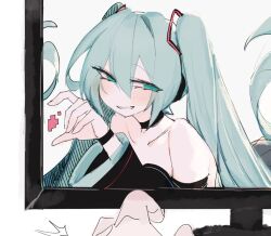 Rule 34 | 1girl, blush, bracelet, choker, green eyes, green hair, hatsune miku, jewelry, large sleeves, long hair, looking at viewer, seductive smile, smile, television, twintails, usa37107692, very long hair, vocaloid