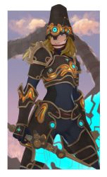 Rule 34 | 1boy, absurdres, ancient set (zelda), armor, bad id, bad pixiv id, black bodysuit, black gloves, blonde hair, blue eyes, blurry, blurry background, bodysuit, boots, border, commentary request, gloves, glowing, hair ornament, helmet, highres, holding, holding sword, holding weapon, ivy (sena0119), link, long hair, male focus, nintendo, one eye covered, parted lips, pointy ears, shoulder armor, solo, standing, sword, teeth, the legend of zelda, the legend of zelda: breath of the wild, upper teeth only, weapon, white border