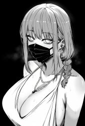 Rule 34 | 1girl, absurdres, armpit crease, bare arms, bare shoulders, black background, blush, braid, braided ponytail, breasts, chainsaw man, cleavage, collarbone, earrings, flower tattoo, greyscale, hair over shoulder, highres, jewelry, large breasts, long hair, looking at viewer, low neckline, makima (chainsaw man), mask, masoq, monochrome, mouth mask, necklace, pearl necklace, ringed eyes, sideboob, simple background, solo, spaghetti strap, sweat, swept bangs, tattoo, upper body