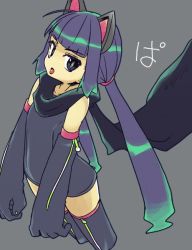 Rule 34 | 1girl, animal ears, blue eyes, cat ears, character request, collarbone, elbow gloves, gloves, long hair, looking at viewer, md monaka, medarot, medarot 9, open mouth, purple hair, scarf, simple background, solo, thighhighs, tongue, tongue out, twintails