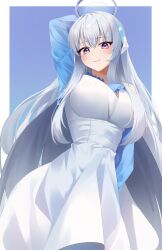 Rule 34 | absurdres, alternate costume, blue archive, blue background, dress, halo, highres, k cyp, long hair, looking at viewer, mechanical ears, mechanical halo, noa (blue archive), purple eyes, simple background, white background, white dress, white hair