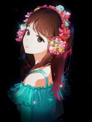 Rule 34 | animification, black background, blue camisole, bow, brown eyes, brown hair, camisole, expressionless, frilled camisole, frills, from side, head tilt, headphones, highres, izone, kittyu rei, looking at viewer, miyawaki sakura, real life, red bow, solo, star (symbol)