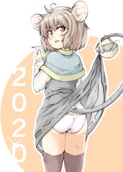 Rule 34 | 1girl, 2020, animal ears, ass, assisted exposure, basket, black thighhighs, blush, brown hair, butt crack, capelet, clothes lift, dress, dress lift, embarrassed, female focus, from behind, grey hair, grey skirt, grey vest, hand up, holding, holding with tail, long sleeves, looking back, map, mepikari, mouse (animal), mouse ears, mouse tail, nazrin, open mouth, orange background, outline, panties, paper, prehensile tail, red eyes, shiny skin, shirt, short hair, simple background, skindentation, skirt, skirt lift, solo, sparkle, standing, sweat, tail, thighhighs, touhou, two-tone background, underwear, vest, white outline, white panties, white shirt