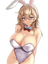 Rule 34 | 1girl, alternate costume, animal ears, bare legs, bare shoulders, blonde hair, blue eyes, blush, breasts, collarbone, covered navel, cowboy shot, detached collar, fake animal ears, hair between eyes, hair ornament, hairclip, highres, kantai collection, large breasts, leotard, looking at viewer, medium hair, montemasa, playboy bunny, rabbit ears, simple background, smile, solo, strapless, strapless leotard, tuscaloosa (kancolle), white background, white leotard, wrist cuffs