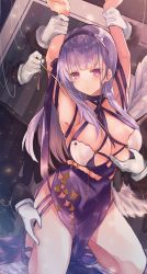 Rule 34 | 1girl, absurdres, azur lane, breasts, criss-cross halter, dido (anxious bisque doll) (azur lane), dido (azur lane), disembodied hand, dress, hair ornament, hairband, halter dress, halterneck, hand on own chest, hands on another&#039;s thigh, headband, highres, large breasts, long dress, long hair, multiple hands, pink eyes, purple dress, purple hair, purple hairband, purple headband, shibaebi (yasaip game)