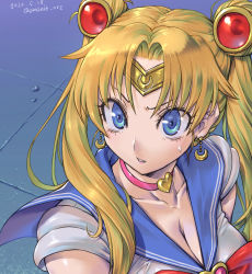 Rule 34 | 1girl, amania orz, bishoujo senshi sailor moon, bishoujo senshi sailor moon s, blonde hair, blue eyes, blue sailor collar, breasts, choker, cleavage, crack, cracked floor, crescent, crescent earrings, dated, derivative work, earrings, hair over shoulder, heart, heart choker, jewelry, long hair, looking at viewer, meme, parted bangs, parted lips, sailor collar, sailor moon, sailor moon redraw challenge (meme), sailor senshi uniform, screenshot redraw, solo, sweatdrop, tsukino usagi, twintails, twitter username