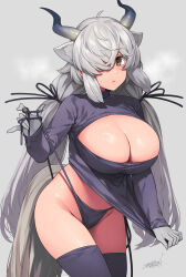 Rule 34 | 1girl, alternate costume, animal ear fluff, animal ears, black gloves, black horns, black sweater, black thighhighs, breasts, brown eyes, cleavage, cleavage cutout, closed mouth, clothes pull, clothing cutout, cowboy shot, expressionless, extra ears, gloves, grey hair, grey horns, groin, hair over one eye, hair ribbon, hand up, happa (cloverppd), highres, horns, huge breasts, kemono friends, kemono friends 3, leaning forward, long bangs, long hair, looking at viewer, multicolored horns, no pants, ox ears, ox girl, ox horns, ox tail, panties, parted bangs, pulled by self, ribbed sweater, ribbed thighhighs, ribbon, side-tie panties, sleeves past wrists, solo, sweater, tail, thighhighs, twintails, underwear, very long hair, yak (kemono friends)