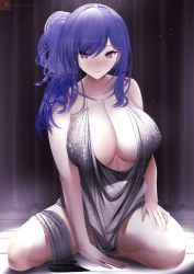 Rule 34 | 1girl, arm support, azur lane, backless dress, backless outfit, bare shoulders, between legs, blue hair, breasts, cleavage, dress, earrings, evening gown, gdat, grey dress, hair between eyes, halter dress, halterneck, hand between legs, hand on own thigh, highres, jewelry, large breasts, looking at viewer, necklace, plunging neckline, purple eyes, revealing clothes, seiza, side ponytail, sidelocks, silver dress, sitting, smile, solo, st. louis (azur lane), st. louis (luxurious wheels) (azur lane), thighs, wooden floor