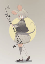 Rule 34 | 1girl, animal ears, brown footwear, capelet, commentary request, dowsing rod, from side, grey hair, grey legwear, grey skirt, heoningu, loafers, looking at viewer, mouse ears, mouse tail, nazrin, red eyes, shoes, short hair, skirt, solo, tail, touhou, walking