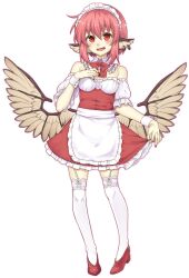 Rule 34 | 1girl, alternate costume, animal ears, apron, bird ears, bird wings, blush, brown nails, commission, detached collar, dress, earrings, enmaided, feathered wings, fingernails, full body, gloves, hair between eyes, high heels, highres, jewelry, maid, maid apron, maid headdress, mystia lorelei, nail polish, open mouth, pink hair, red dress, red eyes, red footwear, shamo (koumakantv), short hair, simple background, single earring, skeb commission, solo, touhou, waist apron, white apron, white background, white gloves, white wings, wings, wrist cuffs