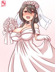 Rule 34 | 1girl, alternate costume, alternate hairstyle, artist logo, black hair, blush, bouquet, breasts, bridal veil, brown eyes, choker, cleavage, commentary request, cowboy shot, dated, dress, flower, gloves, gradient background, haruna (kancolle), kanon (kurogane knights), kantai collection, large breasts, long hair, looking at viewer, nose blush, one-hour drawing challenge, rose, sidelocks, skirt hold, smile, solo, veil, wedding dress, white background, white dress, white flower, white gloves, white rose