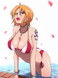 Rule 34 | 1girl, absurdres, ahoge, alternate costume, arm support, arm tattoo, bikini, bracelet, breasts, cleavage, commentary, cowboy shot, earrings, english commentary, highres, jewelry, large breasts, leaning forward, log pose, looking up, nami (one piece), necklace, o-ring, o-ring bikini, one piece, opalis, open mouth, orange eyes, orange hair, petals, red bikini, short hair, side-tie bikini bottom, solo, standing, string bikini, striped bikini, striped clothes, swimsuit, tattoo, wading, water