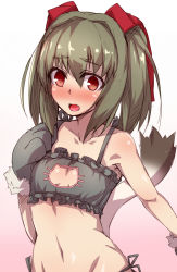 Rule 34 | 1girl, aquaplus, arm up, bare arms, bare shoulders, black bra, blush, bra, breasts, brll, brown hair, cat gloves, cat lingerie, cleavage, cleavage cutout, clothing cutout, collarbone, crop top, fang, frilled bra, frills, gloves, hair between eyes, hair ribbon, hand on own chest, long hair, looking at viewer, meme attire, mittens, nekone (utawarerumono), nose blush, open mouth, raised eyebrows, red eyes, ribbon, sidelocks, sleeveless, small breasts, solo, tail, teeth, toned, toned female, tongue, twintails, underwear, underwear only, upper body, utawarerumono, utawarerumono: itsuwari no kamen, wide-eyed