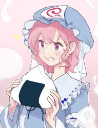 Rule 34 | 1girl, blue bow, blue dress, blue hat, bow, dress, eating, food, food on face, hat, highres, honi (honix3), onigiri, oversized food, oversized object, pink eyes, pink hair, rice, rice on face, saigyouji yuyuko, solo, sparkle, touhou