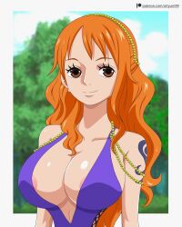 Rule 34 | alternate costume, dress, highres, long hair, nami (one piece), nami (one piece) (post-timeskip), nami (one piece) (zou), official alternate costume, one piece, purple dress, revealing clothes, short dress, smile, tattoo, very long hair, wide hips