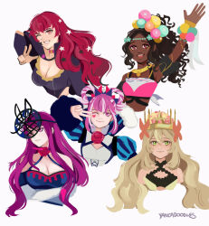 Rule 34 | 5girls, absurdres, artist name, beads, blonde hair, bodysuit, bow, breasts, butterfly hair ornament, celine (fire emblem), choker, cleavage, clothing cutout, commentary, crop top, cross-laced clothes, cross-laced dress, dark-skinned female, dark skin, dress, dress bow, english commentary, eyeliner, eyeshadow, facial mark, fascinator, female focus, fire emblem, fire emblem engage, flower, flower brooch, green eyes, hair beads, hair ornament, hair rings, heart, heart facial mark, highres, hortensia (fire emblem), ivy (fire emblem), large breasts, makeup, matching hair/eyes, medium breasts, mole, mole under mouth, multiple girls, nintendo, one eye closed, orange bow, orange gemstone, pink choker, pink eyeliner, pink eyeshadow, pink hair, purple bodysuit, purple eyes, purple hair, red eyes, red hair, rose, see-through, see-through headwear, siblings, side cutout, sisters, small breasts, star (symbol), star facial mark, star hair ornament, striped clothes, striped dress, symbol-shaped pupils, thorn print, timerra (fire emblem), vertical-striped clothes, vertical-striped dress, very dark skin, wink, yancadoodles, yunaka (fire emblem)