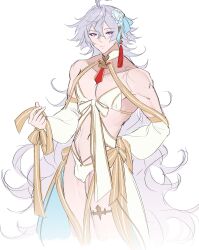 Rule 34 | 1boy, absurdres, ahoge, bare legs, bare shoulders, bikini, bow, bulge, cosplay, detached sleeves, fate/grand order, fate (series), hair ornament, highres, long hair, lunethary, male focus, merlin (fate), midriff, morgan le fay (fate), morgan le fay (fate) (cosplay), muscular, muscular male, simple background, solo, swimsuit, thigh strap, very long hair, white background, white hair
