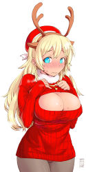 Rule 34 | 10s, 1girl, 2014, alternate costume, antlers, aqua eyes, atago (kancolle), blonde hair, blush, breasts, cleavage, cleavage cutout, clothing cutout, cowboy shot, dated, fur collar, hat, highres, horns, kantai collection, large breasts, looking at viewer, meme attire, nekoguchi, open-chest sweater, panties, panties under pantyhose, pantyhose, pantyshot, red panties, ribbed sweater, simple background, solo, standing, sweat, sweater, turtleneck, underwear, wavy mouth, white background