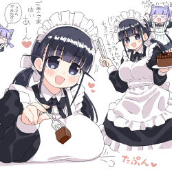 Rule 34 | &gt; &lt;, 2girls, alternate costume, animal ears, apron, arms up, black dress, black eyes, black hair, blunt bangs, borrowed character, bow, breast rest, breasts, cake, cat ears, chocolate cake, commentary request, dress, food, fork, hair bow, happy happy happy cat (meme), heart, highres, holding, holding fork, holding plate, holding tongs, large breasts, lokulo-chan, long dress, maid (naitou kouse), maid apron, maid headdress, meme, multiple girls, naitou kouse, open mouth, original, plate, purple hair, smile, sweatdrop, thought bubble, tongs, translation request, twintails