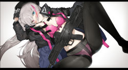Rule 34 | 1girl, assault rifle, automatic rifle, battle rifle, beret, black gloves, black jacket, black pantyhose, blue eyes, bra, breasts, bullpup, carbine, collarbone, crotch seam, desert tech mdr, ekuesu, girls&#039; frontline, gloves, grey hair, gun, hat, heterochromia, jacket, long hair, long sleeves, looking at viewer, lying, mdr (girls&#039; frontline), medium breasts, multicolored hair, on back, one side up, open clothes, open jacket, panties, panties under pantyhose, pantyhose, pink bra, pink eyes, pink hair, pink panties, rifle, side ponytail, smile, solo, spread legs, streaked hair, thighband pantyhose, two-tone hair, underwear, weapon